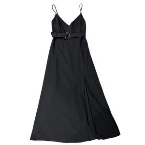 🥂🎄 NICHOLAS Black Belted Maxi Slip Gown | V-Neck Slit Cocktail Dress | Sz 14